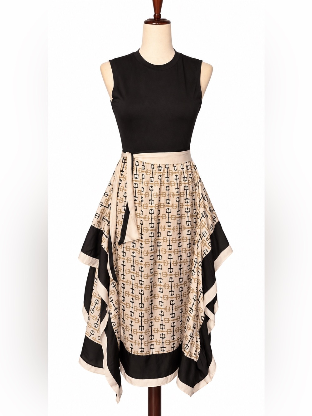 Maje scarf horsebit midi dress. Black back zip top. Short at sides-waist tie-XS